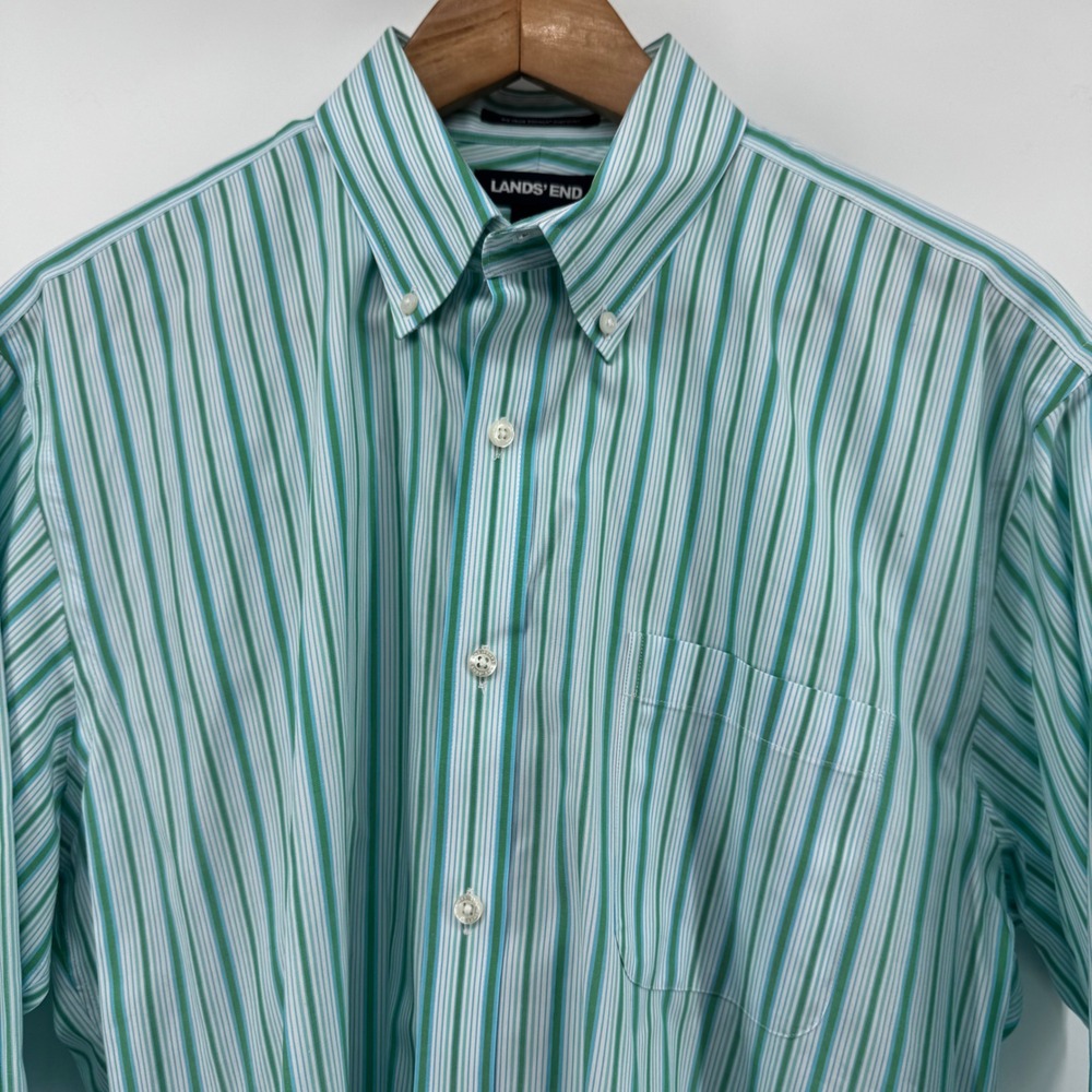Lands' End Mens 16-33 Tailored Fit No Iron Supima Pinpoint Stripe Shirt Green - Picture 4 of 10